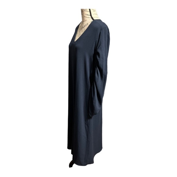 Tibi Ruched Convertible Bell Sleeve Cinched Stretch Crepe Midi Dress Navy Blue 8 - Picture 8 of 11